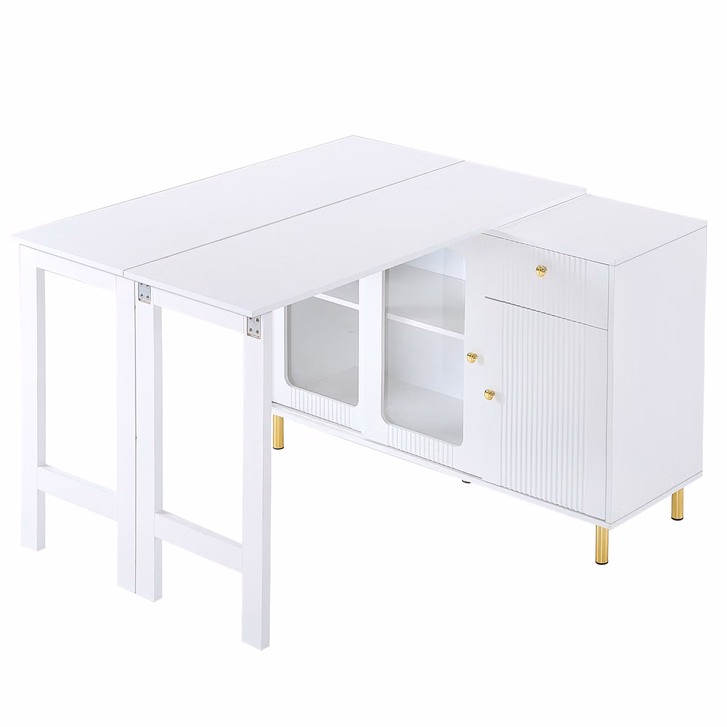 Credenza da buffet bianca con tavolo allungabile a ribalta, ante scorrevoli in vetro, ripiani regolabili, mobile da sala da pranzo con motivo a onde,