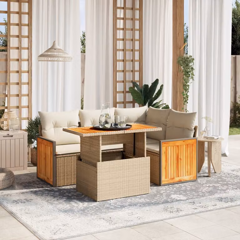 vidaXL Set Divano da Giardino a L 5 pz con Cuscini Beige e Tavolino in Polyrattan e Acciaio