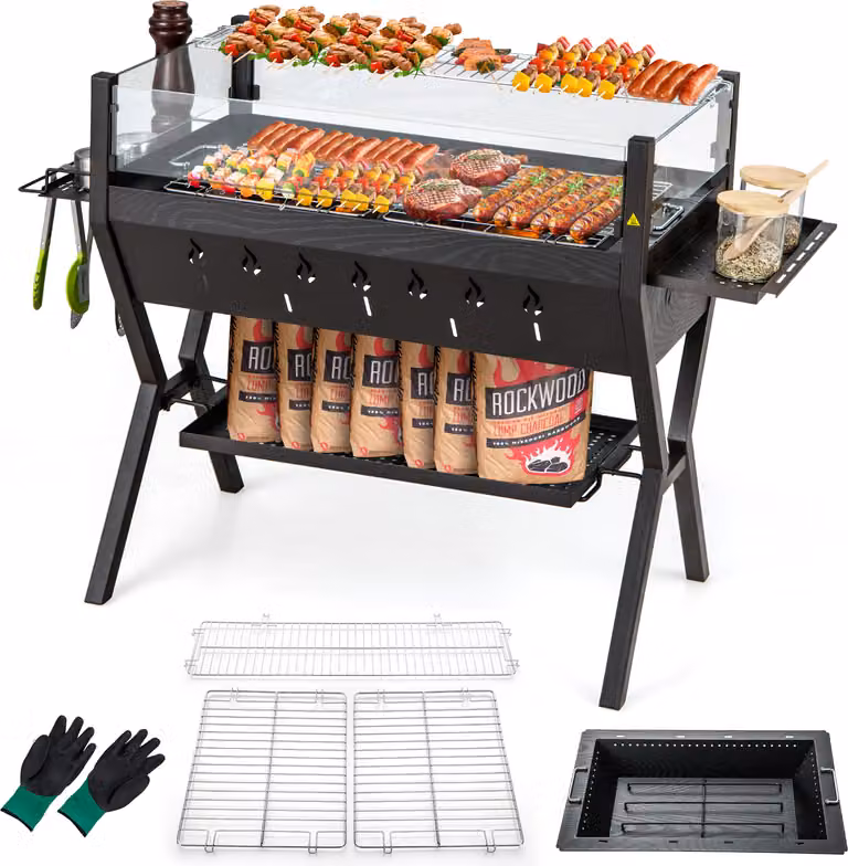 Griglia a carbone COSTWAY con portaspezie, ripiano, parabrezza e guanti, griglia da campeggio, griglia BBQ