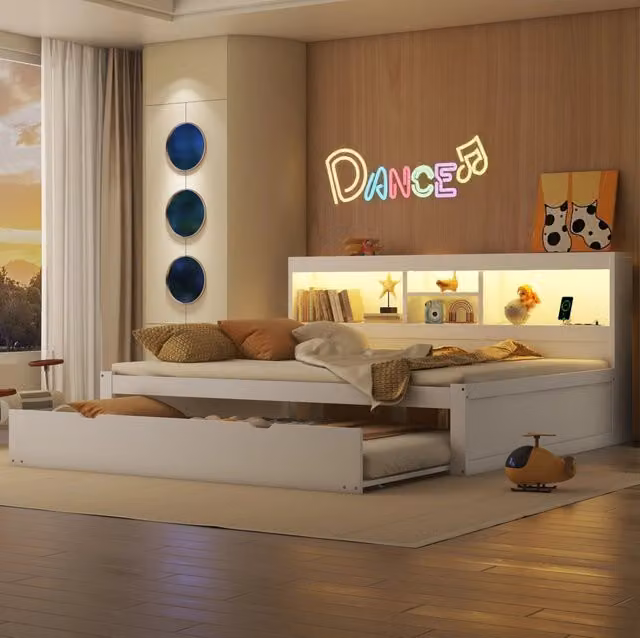 Letto da giorno ULEVR 140x200 cm con letto estraibile 90x190, LED telecomandato, presa USB e vano laterale, bianco