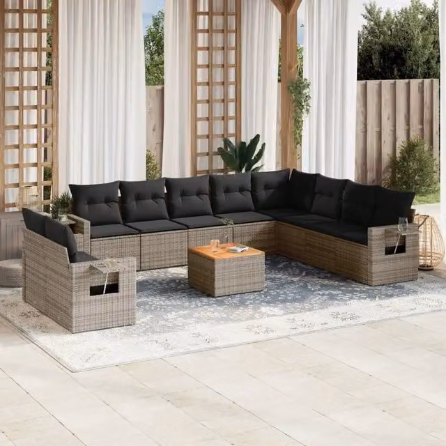 Set di Divani da Giardino a L vidaXL in Polyrattan Grigio con 11 Pezzi e Cuscini Inclusi – 1
