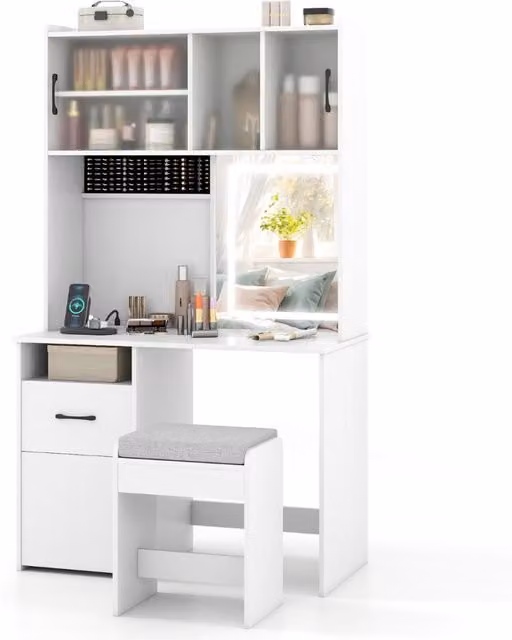 Tavolo da toeletta con specchio e luci con prese di corrente 3 modalit¨¤ di illuminazione, Tavolo cassetto e sgabello