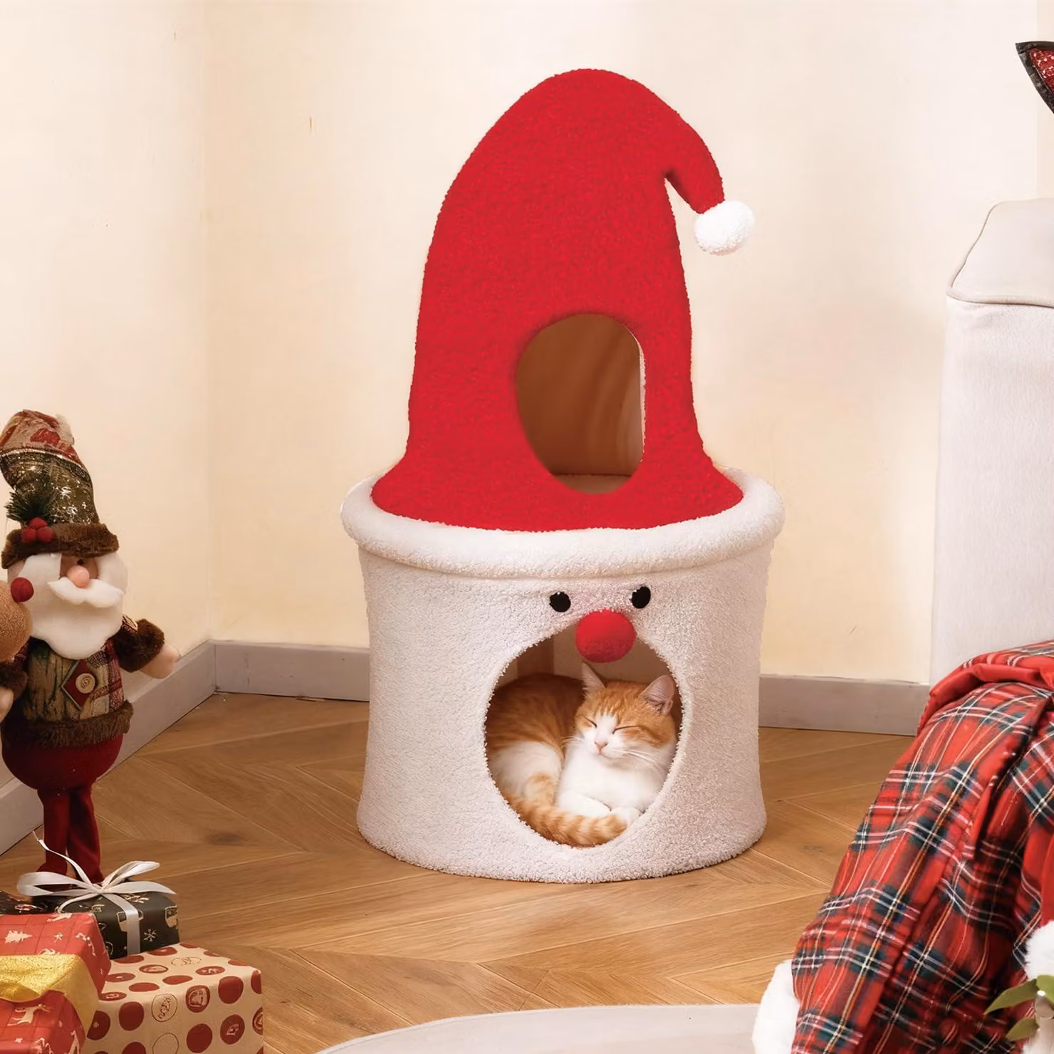 COSTWAY Grotta di Natale per gatti, casa per gatti con superficie imbottita e cuscino in peluche, letto per gatti, arredamento per gatti, 40 x 40 x 75 cm, rosso+bianco