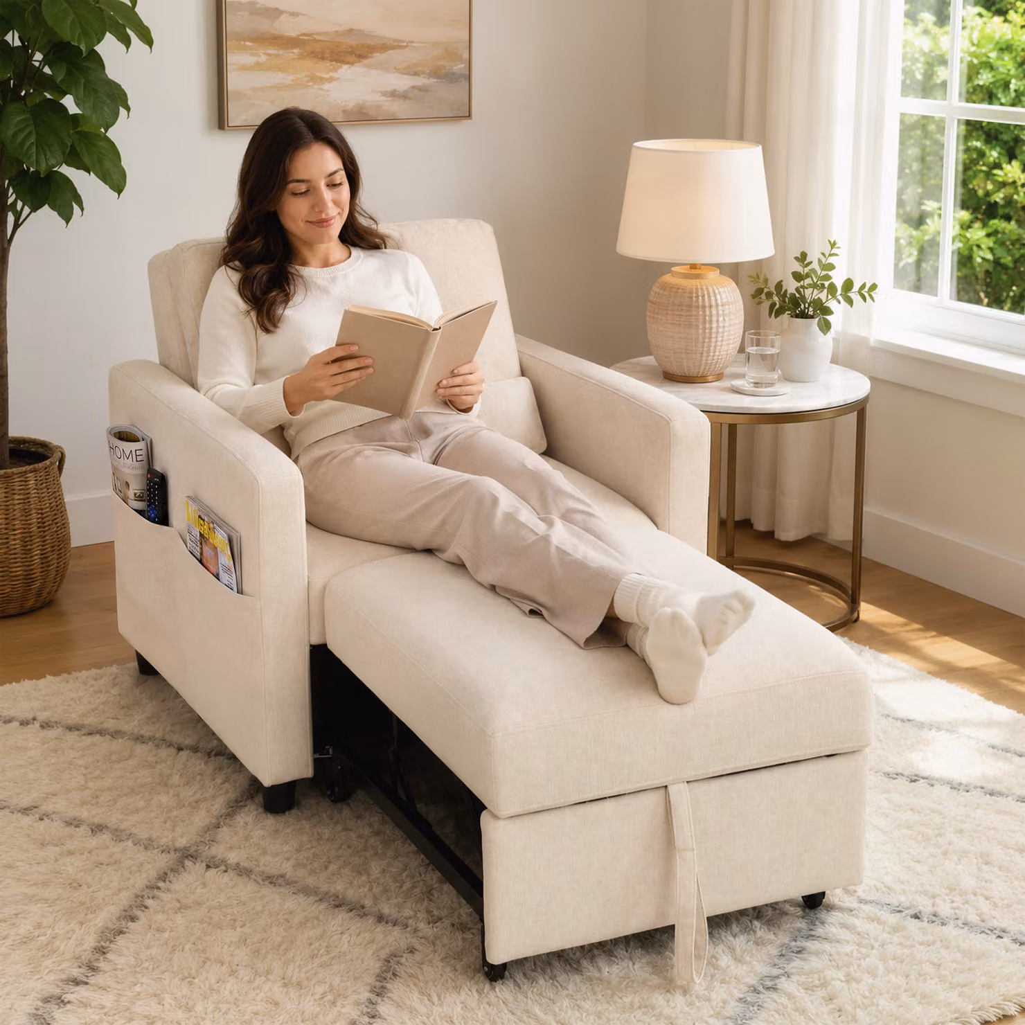 Poltrona Letto 3 in 1 HOMCOM in Tessuto Effetto Lino con Schienale Regolabile, Bianco Crema – 2
