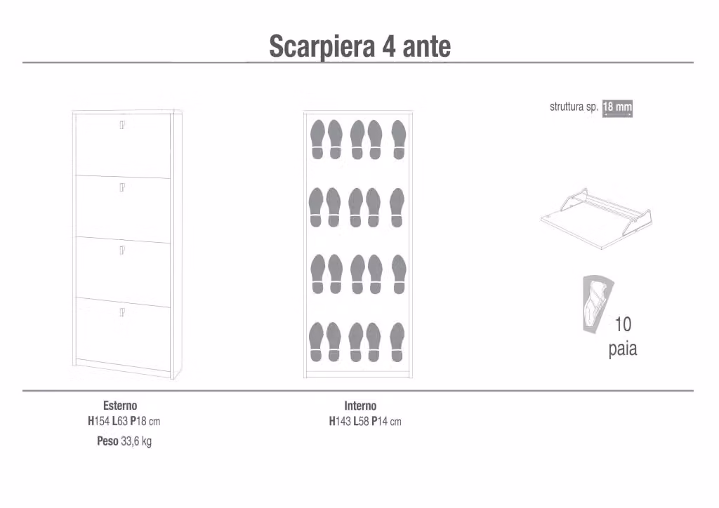 Scarpiera moderna GIORDANOSHOP con 4 ante e ripiani interni, colore grigio, L: 63 cm, H: 154 cm, P: 18 cm – 2