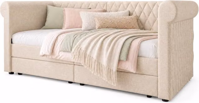 Divano letto 90x200 cm beige in lino con 2 cassetti， senza materasso