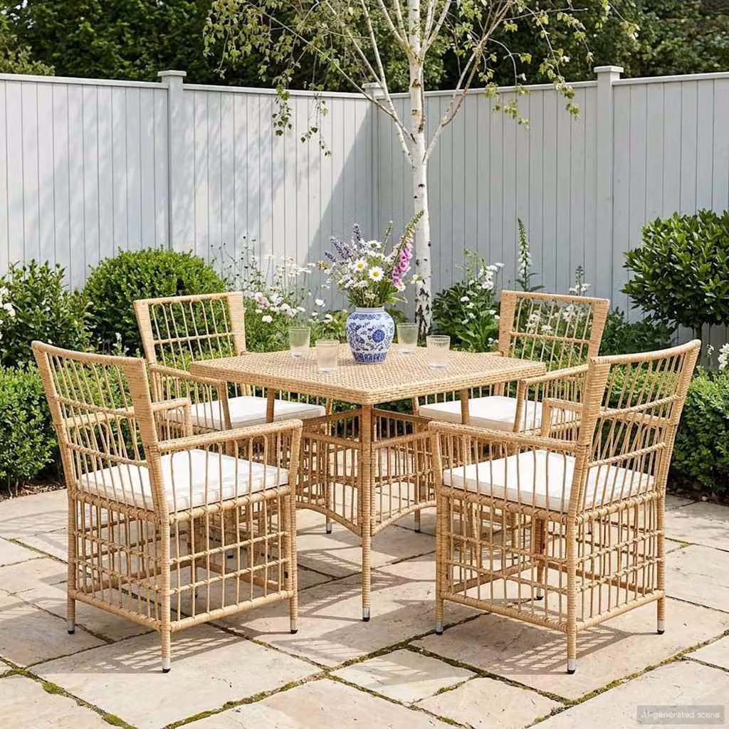 Set di 4 sedie da giardino vidaXL in rattan e metallo con cuscini inclusi, resistenti ai raggi UV, colore naturale