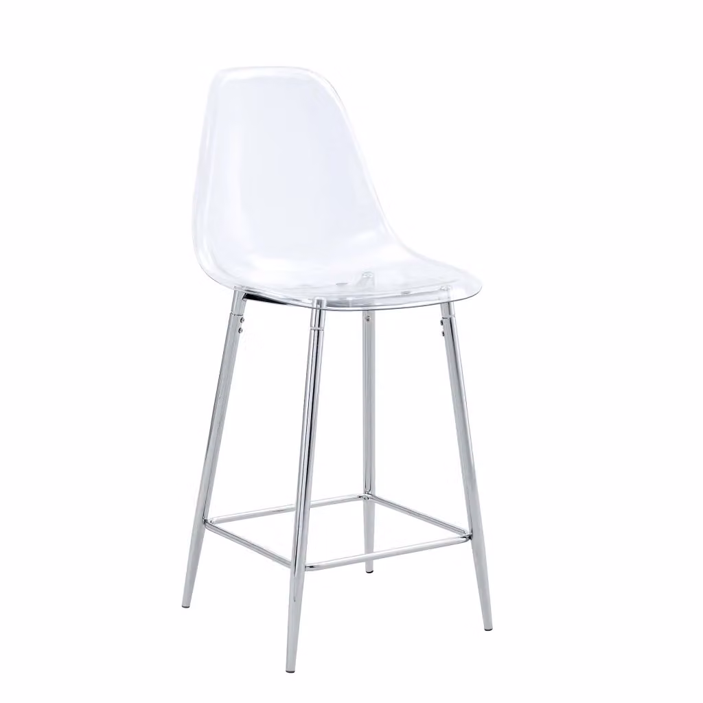 Sgabello da bar OKWISH trasparente con struttura in metallo argento e poggiapiedi, design moderno in plastica – 2
