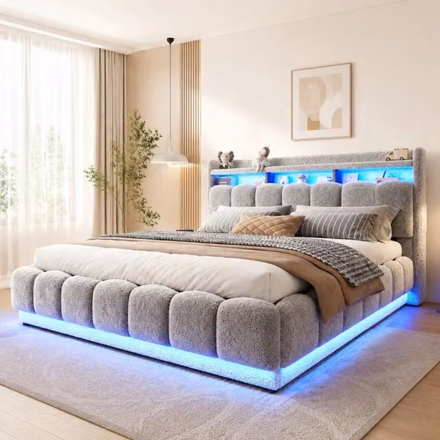 Letto matrimoniale imbottito 180 × 200 cm con contenitore idraulico, LED e presa USB, rivestimento in tessuto grigio