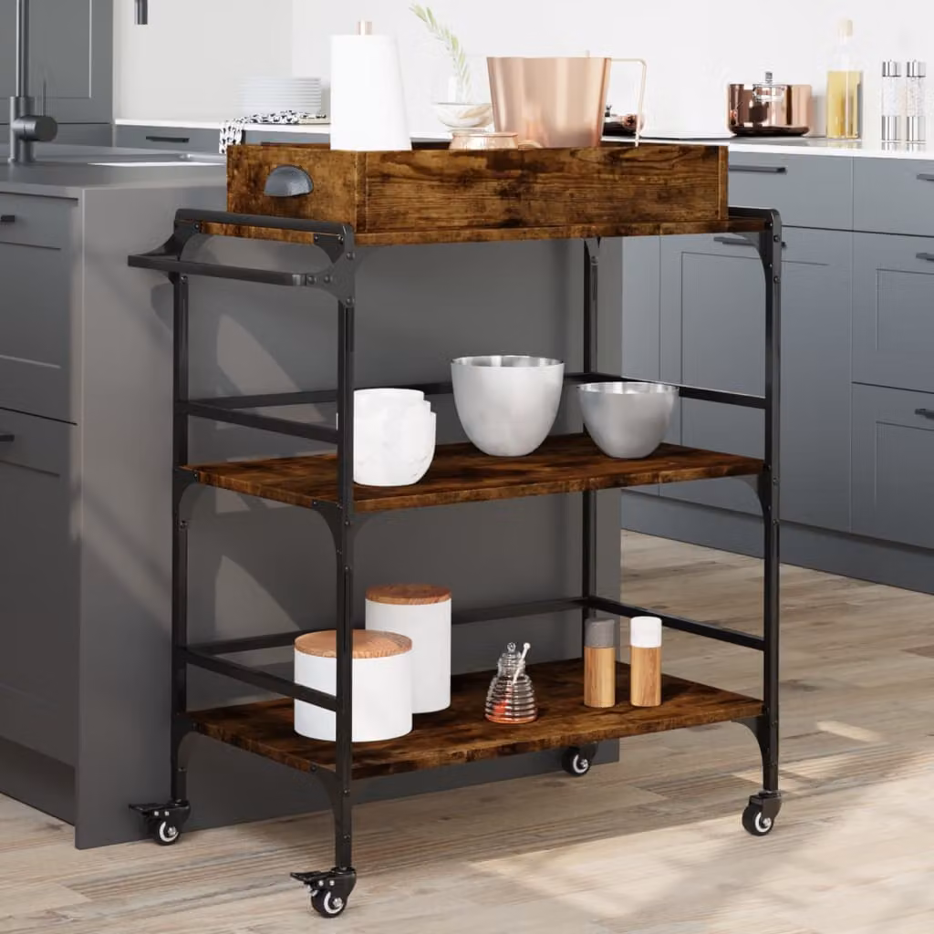 Carrello da cucina vidaXL in stile industriale, Rovere Fumo e metallo, L/P/H: 81,5 x 41 x 92,5 cm