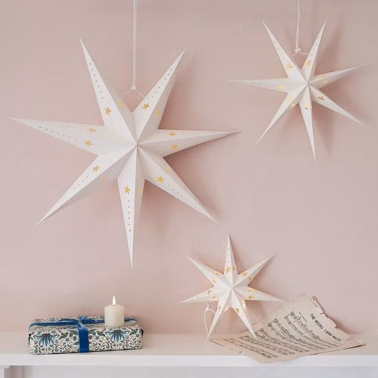 Set di 3 stelle di carta bianche, con 60 LED bianco caldo, alimentate a batteria, con timer, per uso interno