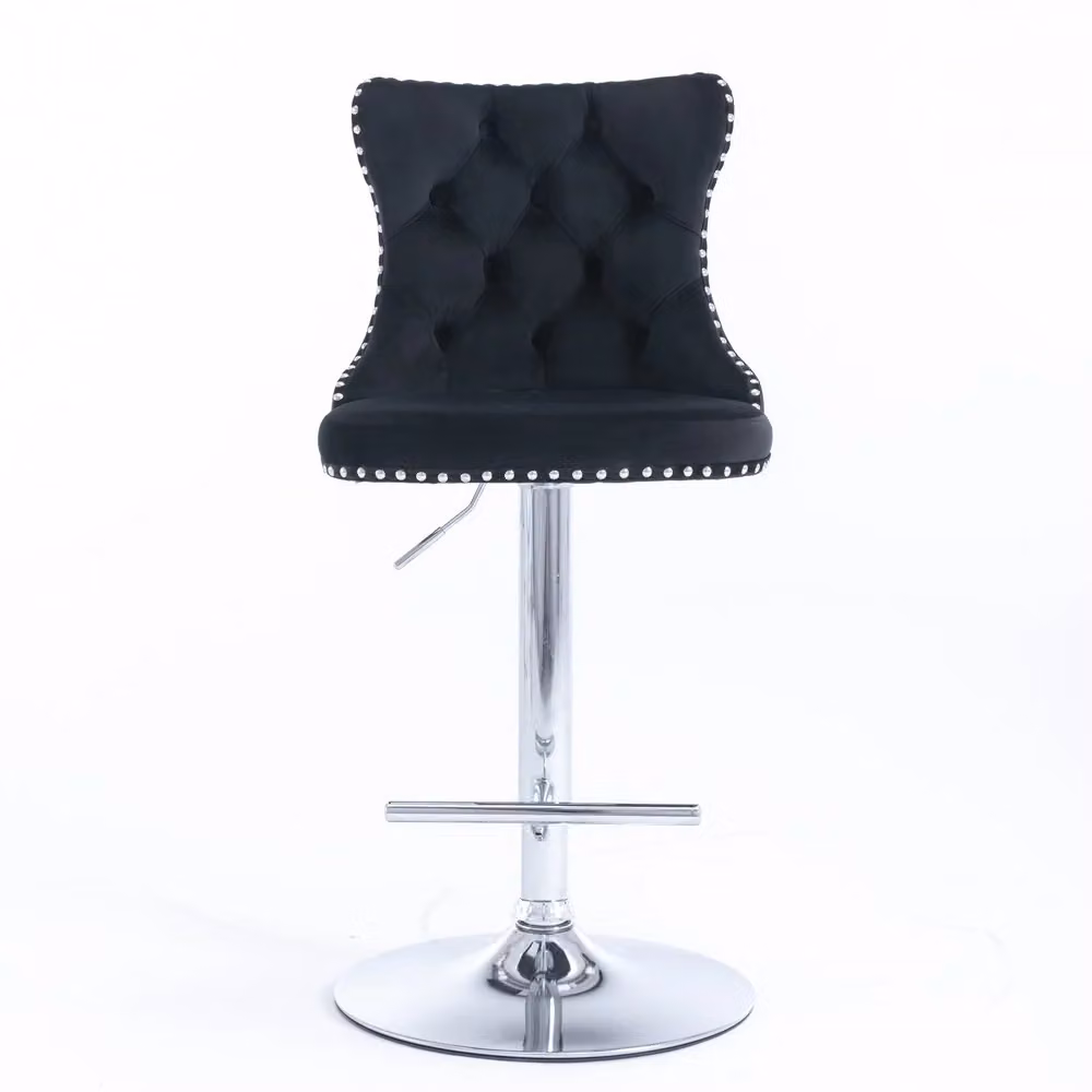 Set di 2 sgabelli da bar girevoli Minimal neri in velluto con base cromata e schienale imbottito, altezza regolabile 63,5-83,8 cm – 2
