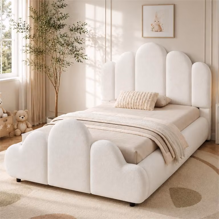 Letto imbottito per bambini Merax, 90x200 cm, con motivo a nuvole, letto singolo con testiera imbottita, angoli arrotondati, rivestimento in tessuto bouclé, color beige