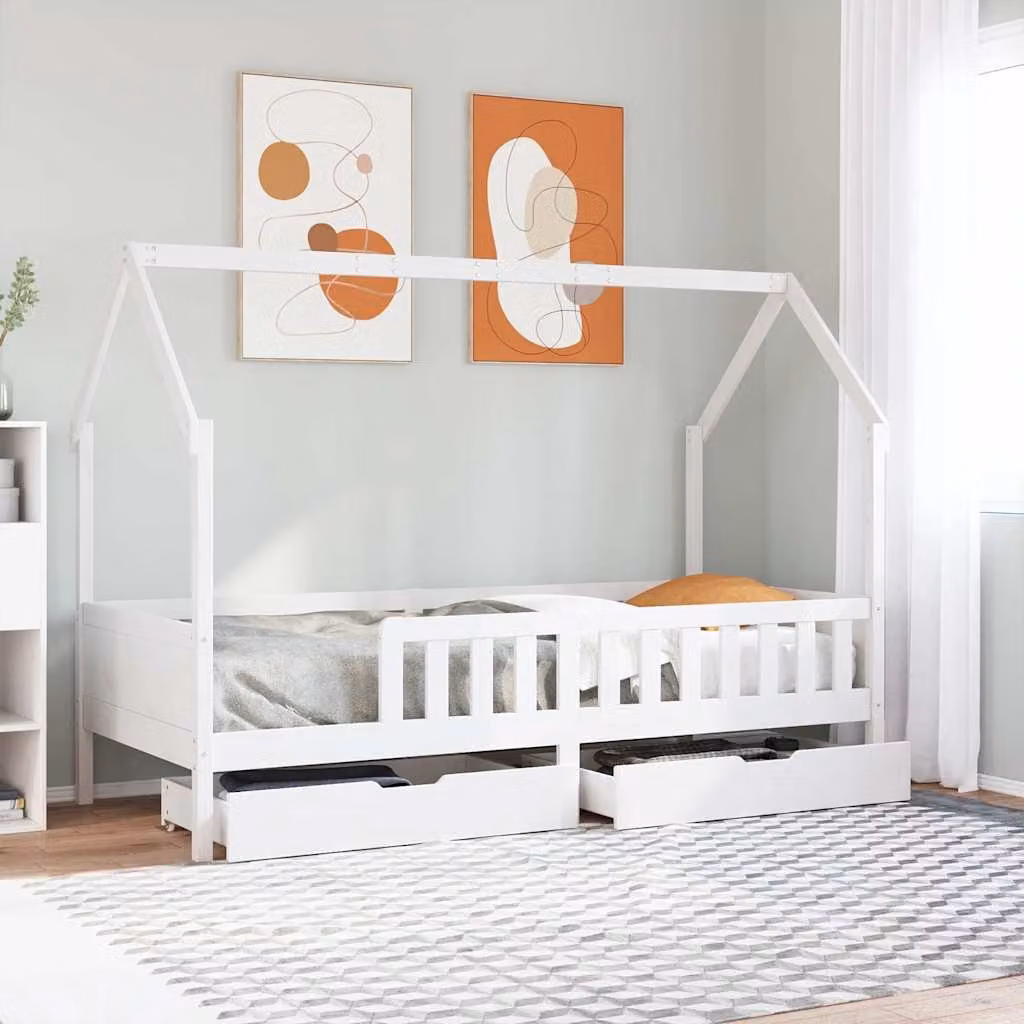 vidaXL Giroletto per Bambini in Legno Massello di Pino con Cassetti, Bianco, 90 x 190 cm