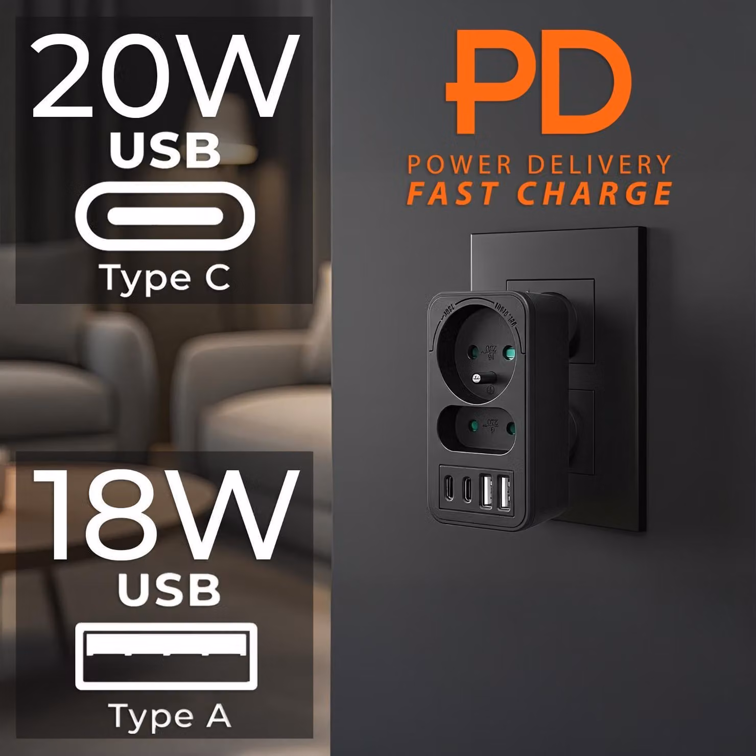 Presa di corrente Maclean x2 + 4xUSB, ciabatta con 2 prese, 2xUSB A, 2xUSB C PD 20W, 1x16A + 1x6A, MCE249 F/B