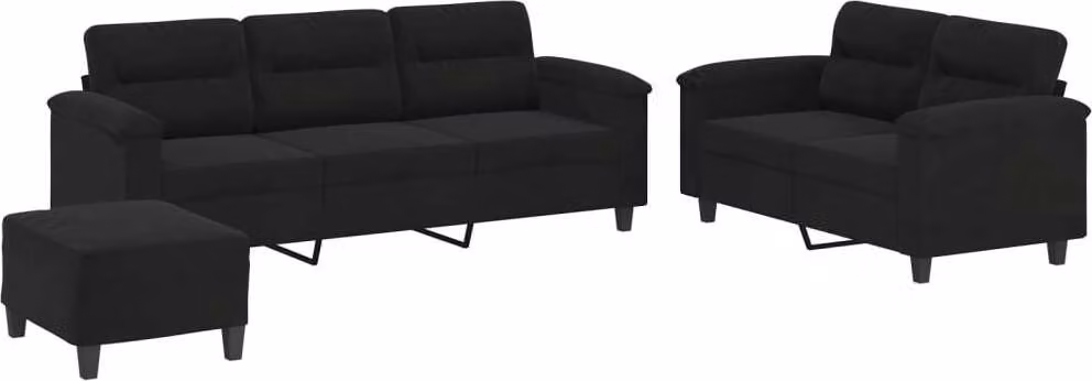 Set Divani 3 pz con Cuscini Nero in Tessuto Microfibra