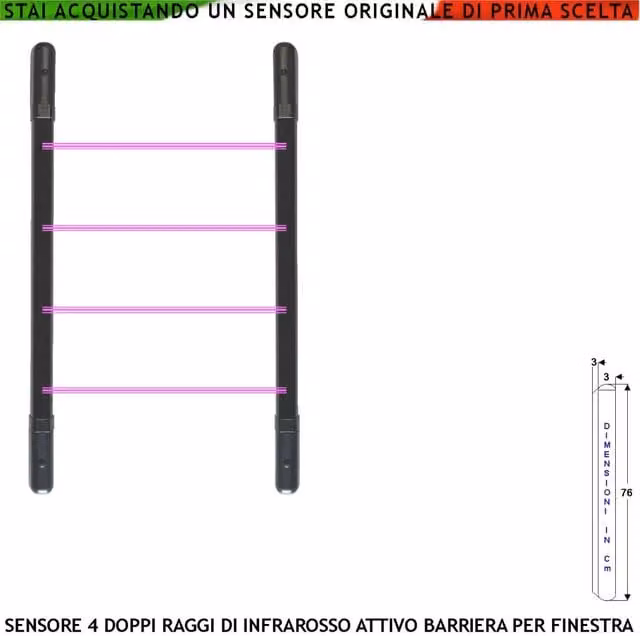 Barriera Infrarossi Securvera TX e RX 4 Multifasci con Segnalazione Allarme, Relè Libero, Tamper e Led, Alimentazione 12 V, in Alluminio, H 76 cm x L 3 cm x P 3 cm