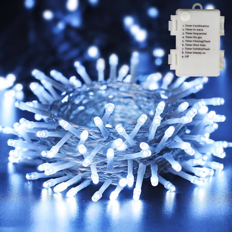 Catena luminosa da 10 metri, 100 LED, luce bianca fredda, 8 modalità, impermeabile