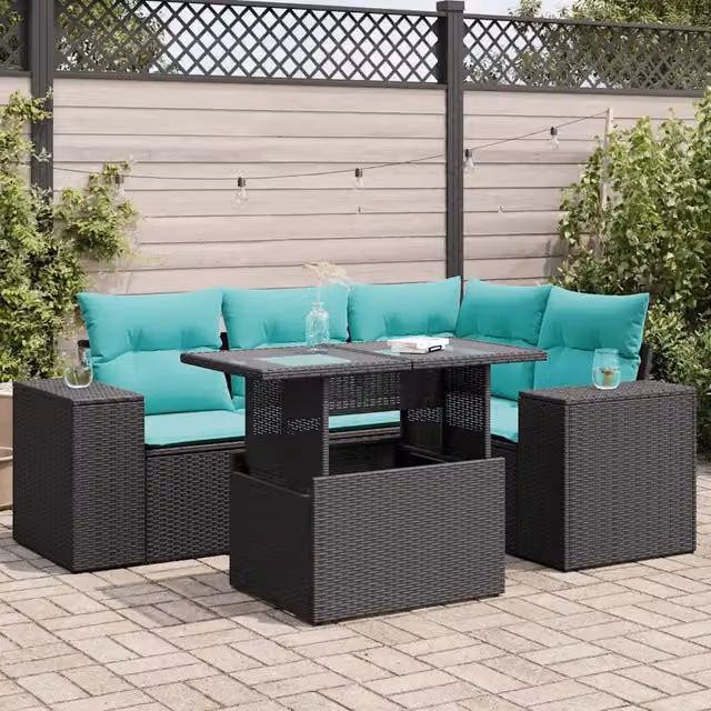Set Divano da Giardino 5 pz con Cuscini Nero Polyrattan Acacia 3326788