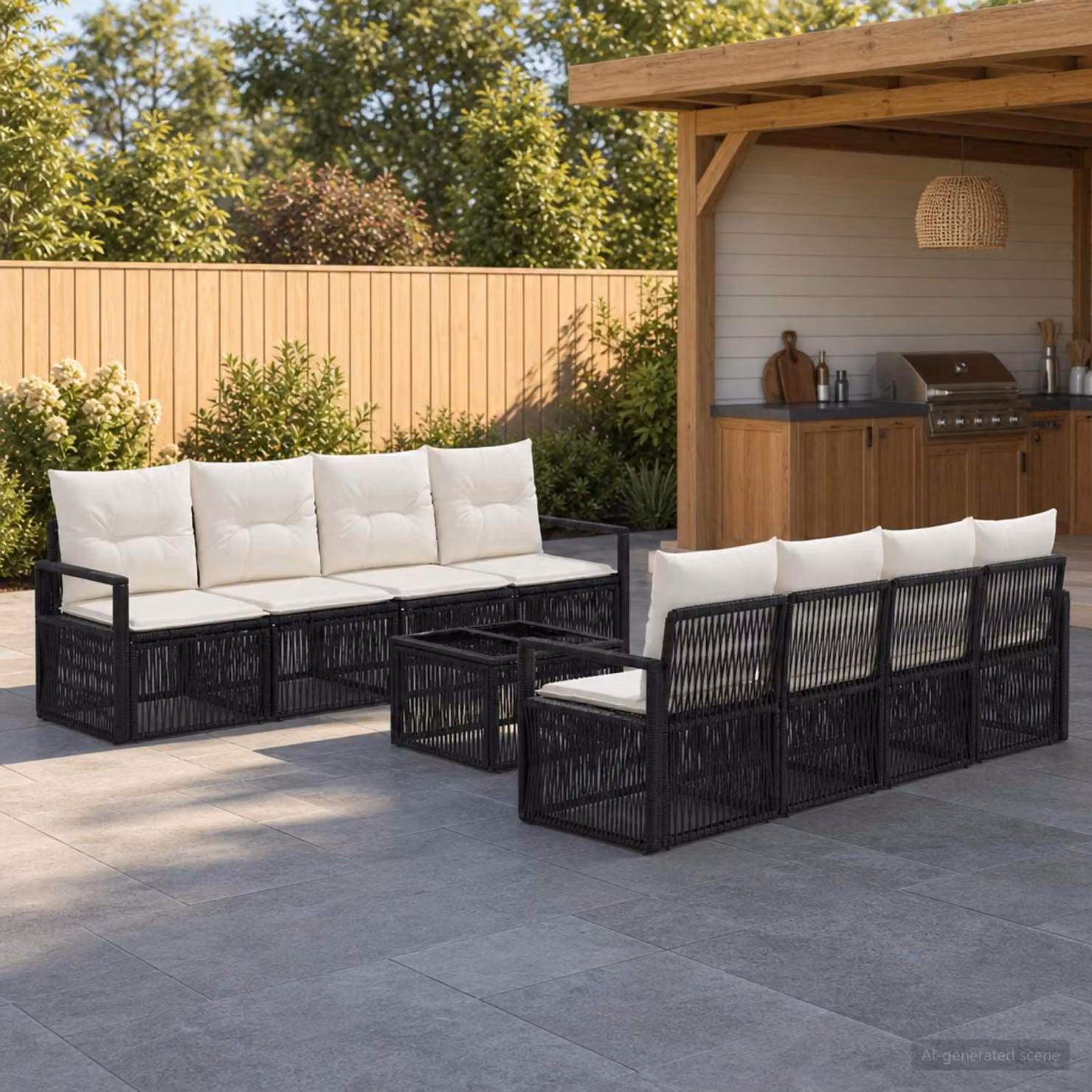 Set Divano da Giardino vidaXL 9 pz in Polyrattan Nero con Cuscini e Tavolino da Esterno