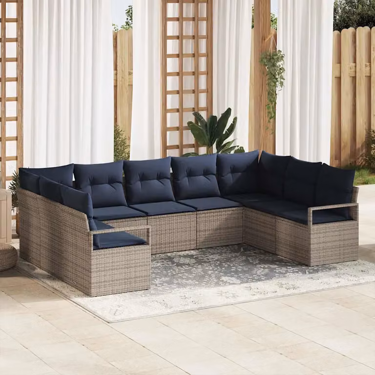 Set di divani da giardino vidaXL a forma di U in polyrattan grigio con tavolo da caffè e cuscini inclusi