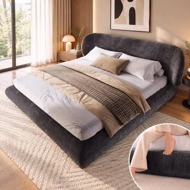 Letto matrimoniale imbottito 140x200 cm; rete a doghe; testiera; angoli arrotondati; schiuma ad alta elasticit ; legno; ciniglia; grigio