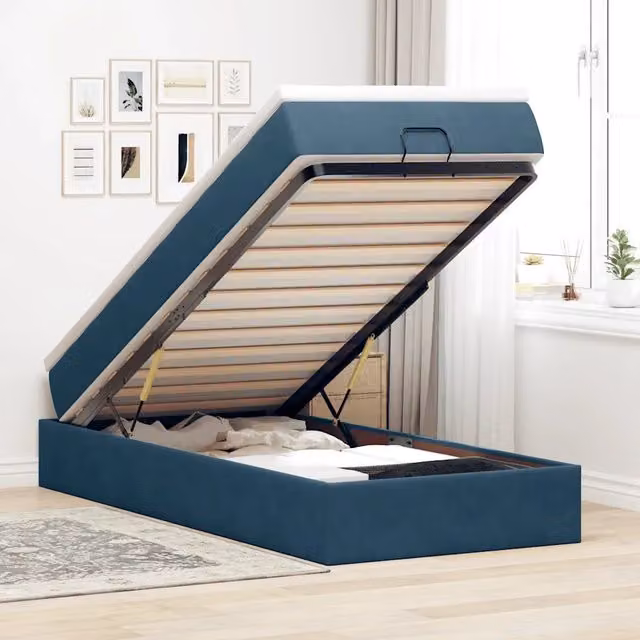 Letto con Pouf e Materasso Ibrido vidaXL in Velluto Blu e Bianco L/P: 90 x 190 cm