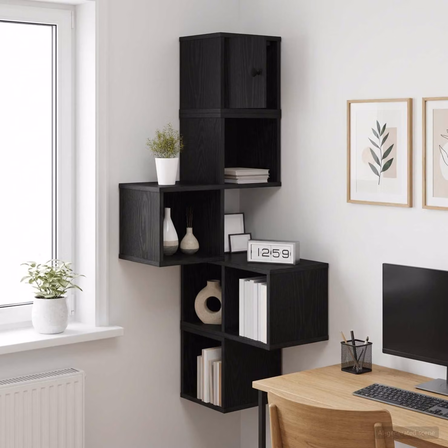 vidaXL Mensola Angolare da Parete Moderna in MDF Nero L/P/H: 48 x 48 x 120 cm