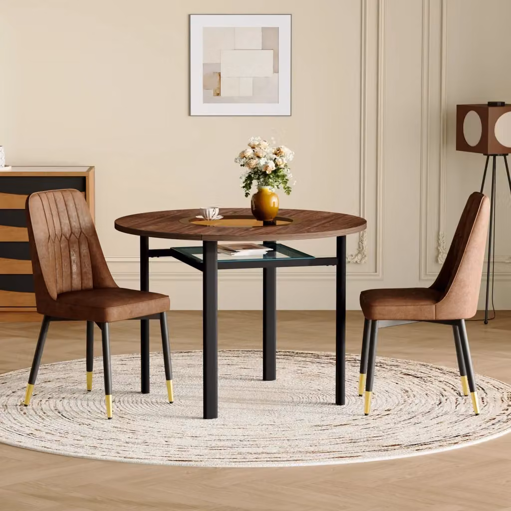 Set tavolo rotondo e 2 sedie MIVRAY in MDF con inserti in vetro e rivestimento in tessuto marrone e nero – 2