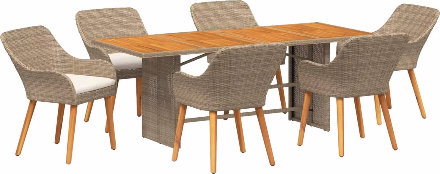 Set da Pranzo per Giardino con cuscino 7 pcs Beige polyrattan