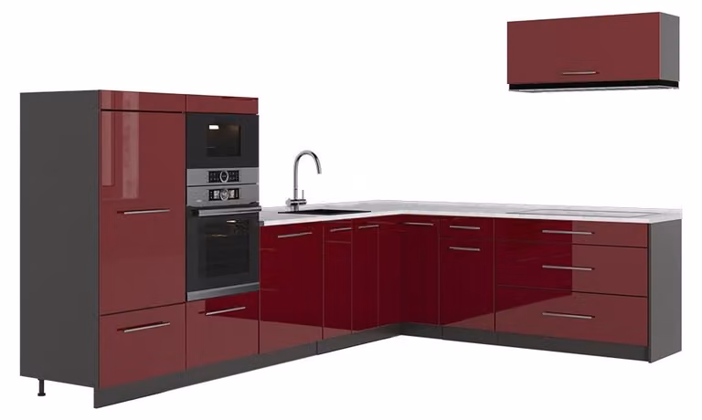 Cucina angolare completa Vicco Fame-Line Bordeaux lucido/Antracite 327 x 227 cm, PL Marmo, Model 64370