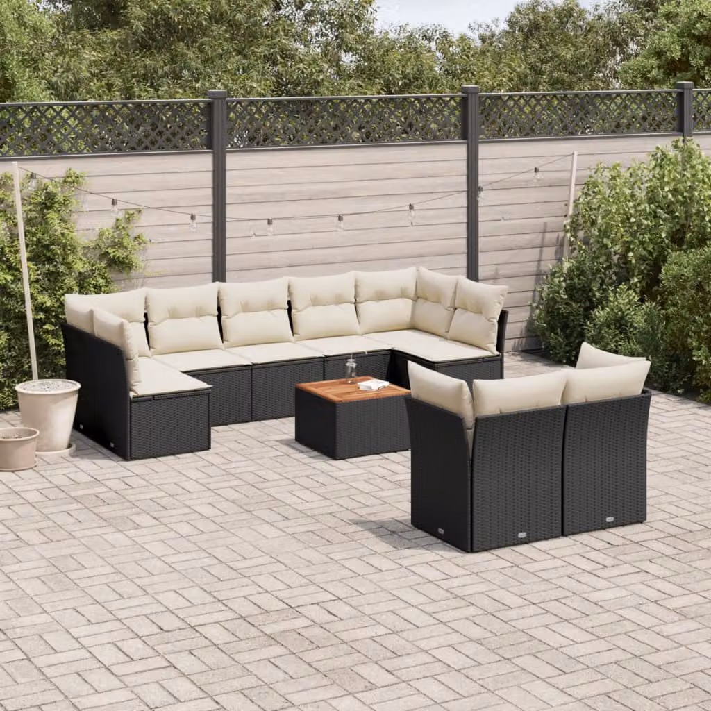 Set di Divani da Giardino vidaXL a Forma di L con Cuscini e Tavolino da Esterno in Polyrattan e Acciaio Nero – 1