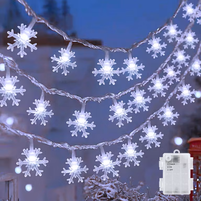 Catena luminosa a LED a forma di fiocchi di neve, lunghezza 6 metri, 40 LED, alimentazione a batteria, grado di protezione IP65