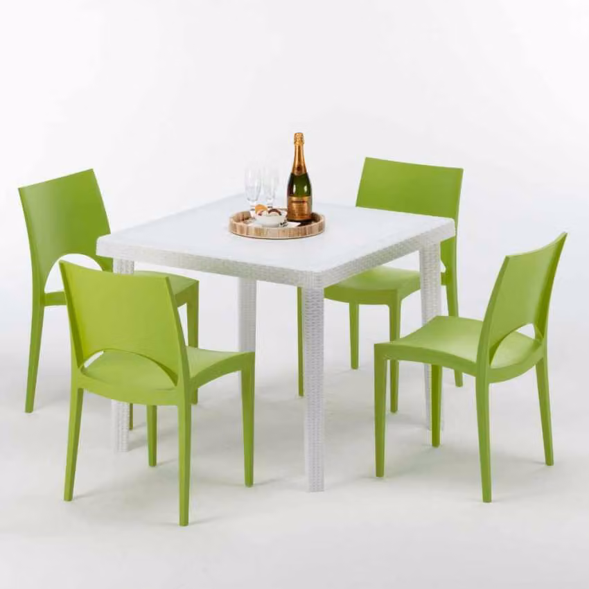 Tavolo quadrato bianco e 4 sedie in polipropilene colorato per esterni Grand Soleil Paris Love - Verde