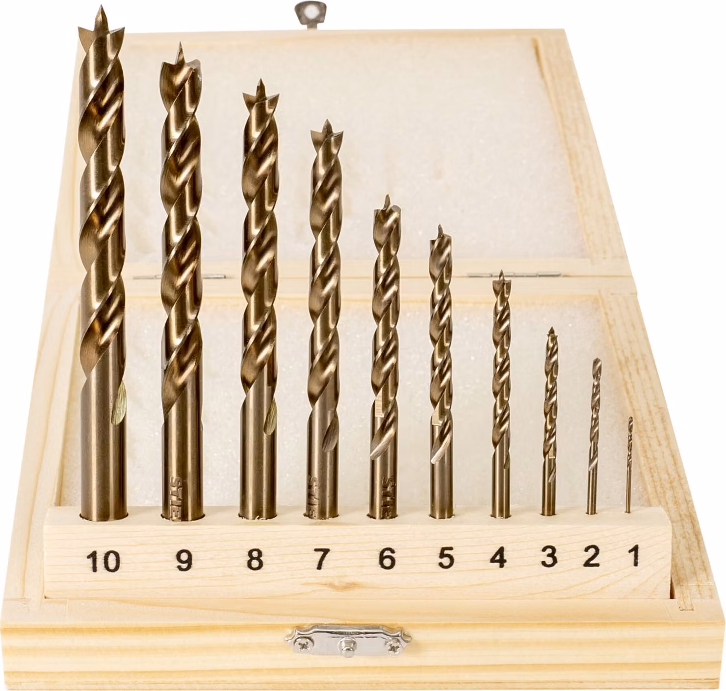 Set di punte per legno STIER HSS Cobalt 10 pezzi, tutte le misure da 1 a 10 mm, acciaio rapido, con punta di centraggio, in pratica scatola di legno, per qualsiasi tipo di foratura