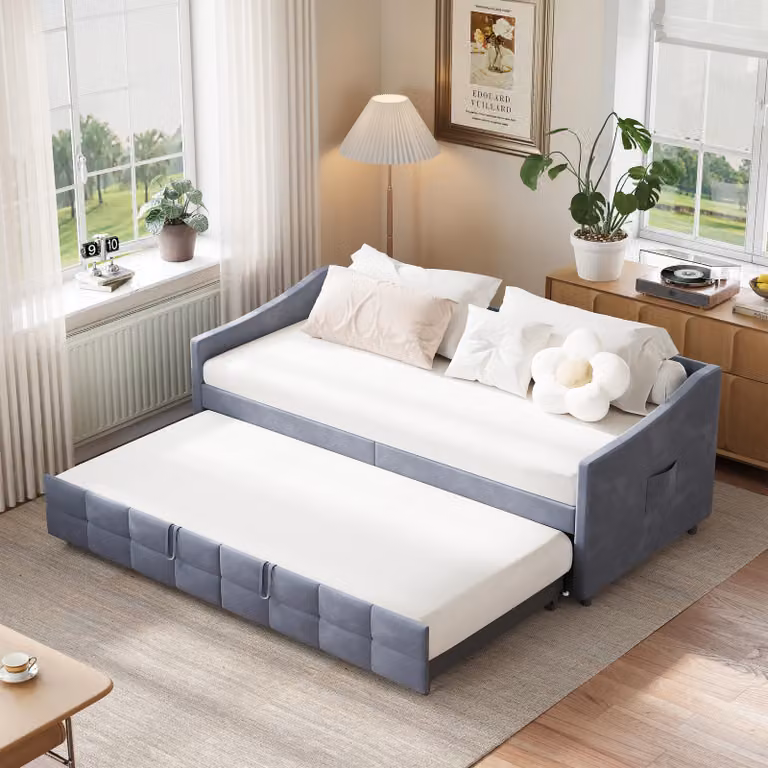 Divano letto estraibile 90 x 200 cm in velluto grigio, funzione letto con meccanismo idraulico e vano contenitore laterale