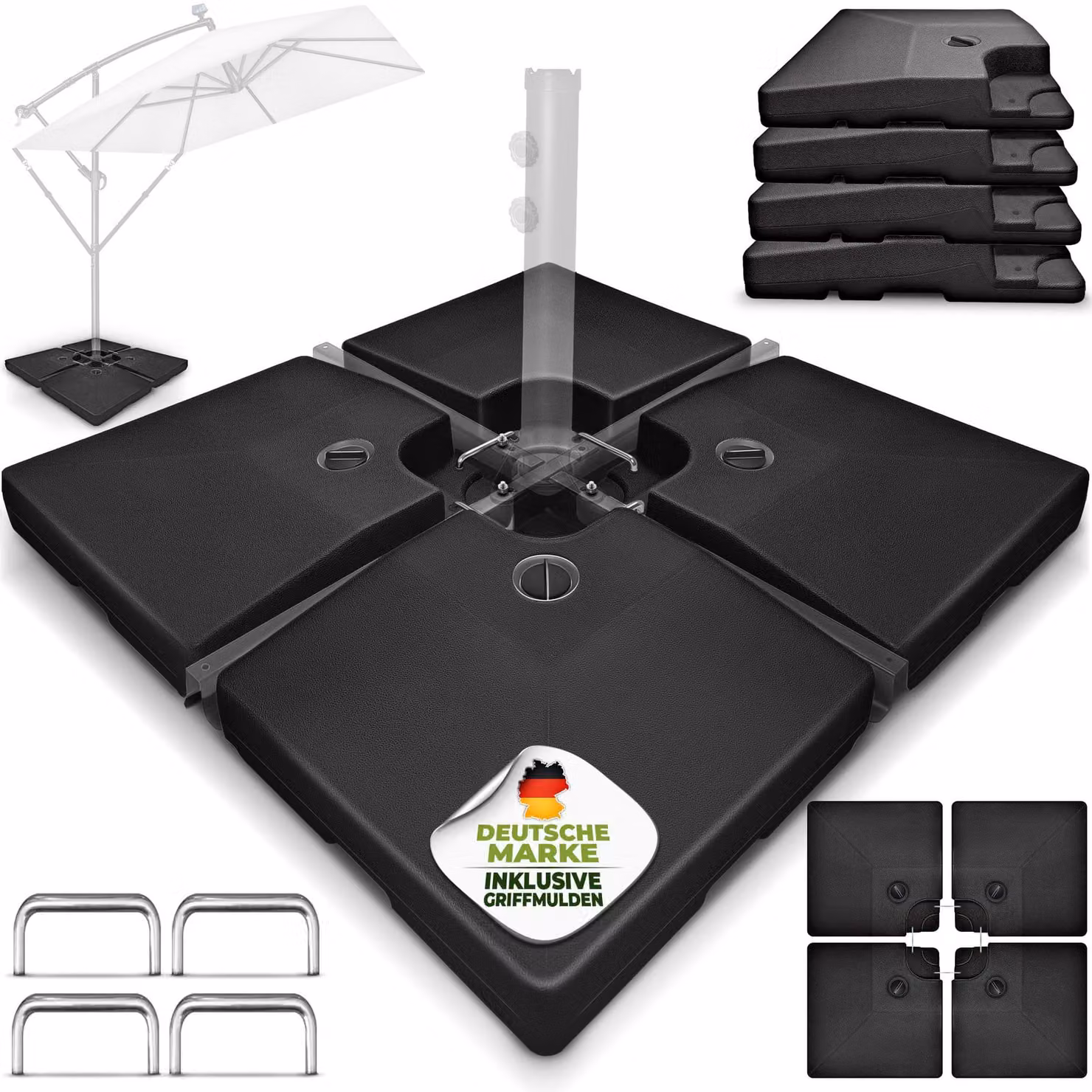 tillvex® Supporto per ombrellone nero 90 litri / 120 kg - 4 pezzi per ombrellone a sbalzo incl. connettore in metallo | peso dell'ombrellone riempibile con acqua o sabbia | supporto per ombrellone a sbalzo resistente alle intemperie