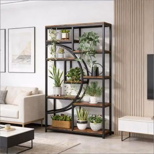 Libreria geometrica con 9 ripiani aperti in metallo e legno nera e marrone rustico