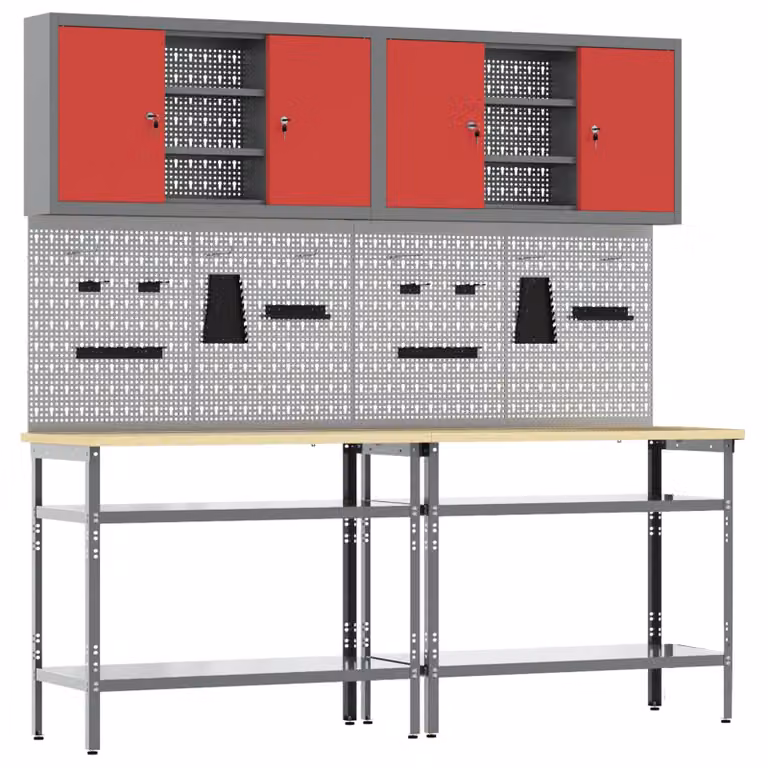 Set banco da lavoro vidaXL 8 pz con pannello forato e altezza regolabile in acciaio, Rosso e Grigio