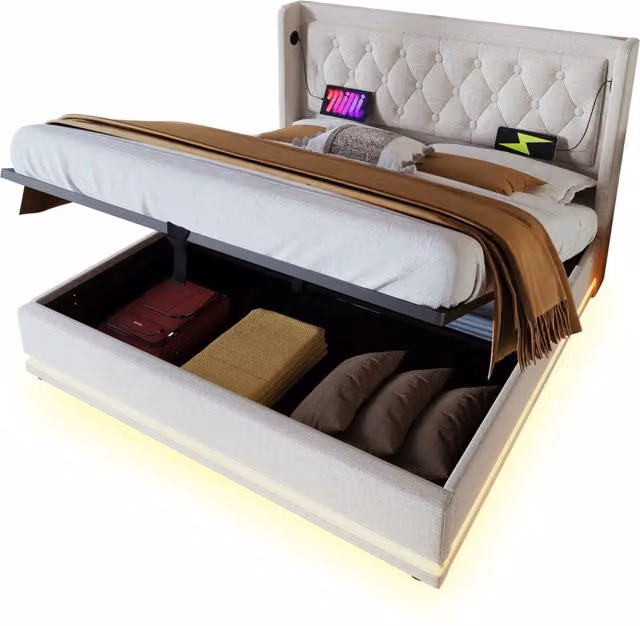 Letto matrimoniale 180x200 in cotone beige con contenitore， USB-C e LED， senza materasso