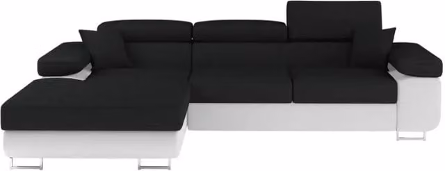 Divano ad angolo convertibile AMANDA MEUBLORAMA nero e bianco in tessuto con funzione letto e poggiatesta regolabile L/P/H: 280 x 149 x 90 cm – 1