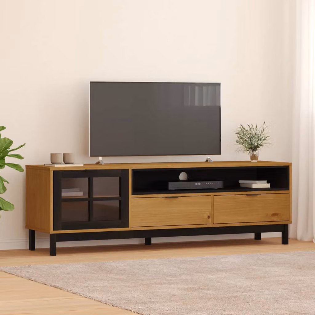 Mobile TV FLAM vidaXL in legno di pino marrone con anta in vetro massello L/P/H: 158 x 40 x 50 cm