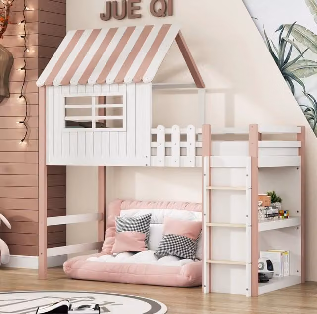Letto a casetta 90x200 cm con scala di sicurezza e spazio contenitore in legno rosa