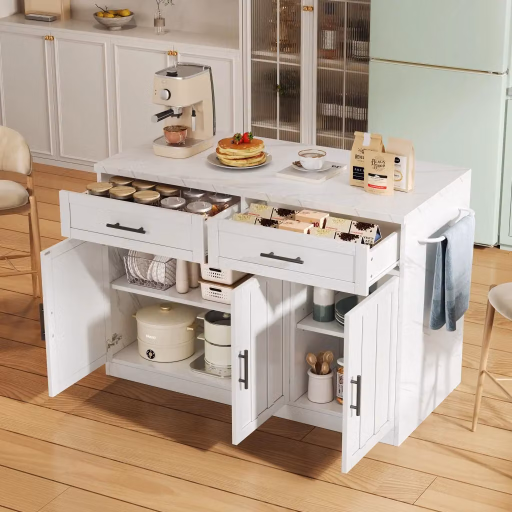 Isola cucina REDOM bianca con bancone, prese e USB, L/P/H: 120 x 60 x 91 cm – 2