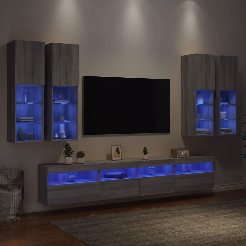 Set di mobili TV a muro moderno vidaXL composto da 7 pezzi con luci LED in colore grigio – 1