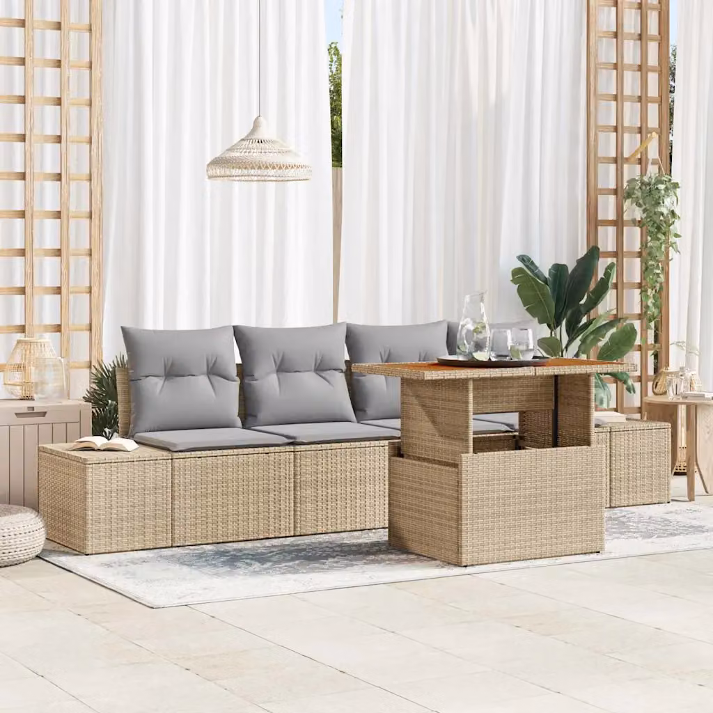 Set Divano da Giardino vidaXL 5 Pezzi in Polyrattan Beige con Cuscini e Tavolino