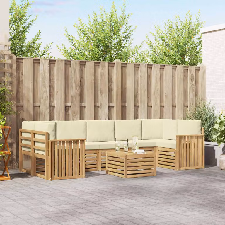 Set di divani da esterno vidaXL a forma di L con tavolo da caffè, 8 pezzi, Bianco e Beige, in legno di acacia e tessuto