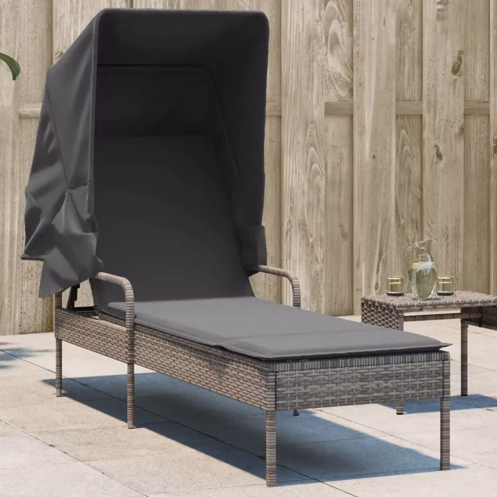 Lettino prendisole con baldacchino in polyrattan grigio e tessuto resistente ai raggi UV con poggiatesta regolabile – 2