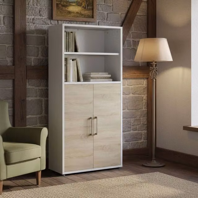 Credenza Saotome DMORA, Buffet e Madia da Soggiorno o Cucina, Bianco e Quercia, L 89 cm, P 40 cm, H 186 cm