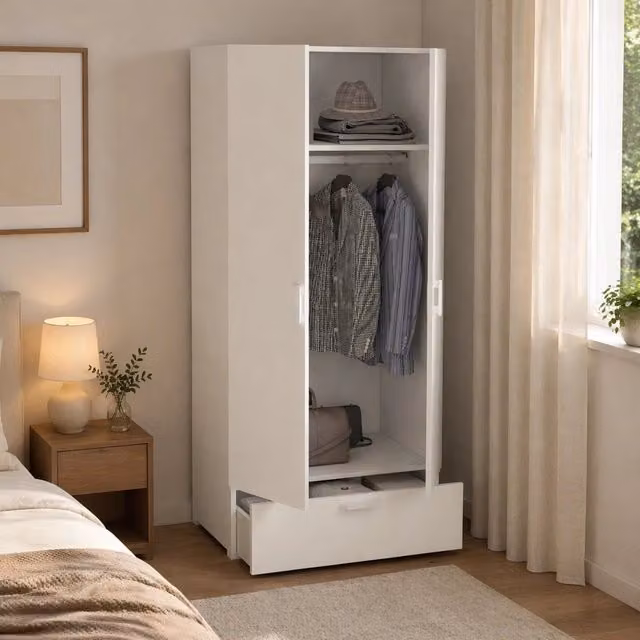 Armadio da camera da letto Centaurea DMORA con 2 ante, appendiabiti e cassetti interni, Bianco opaco, L: 52 cm, H: 180 cm, P: 69,5 cm – 1